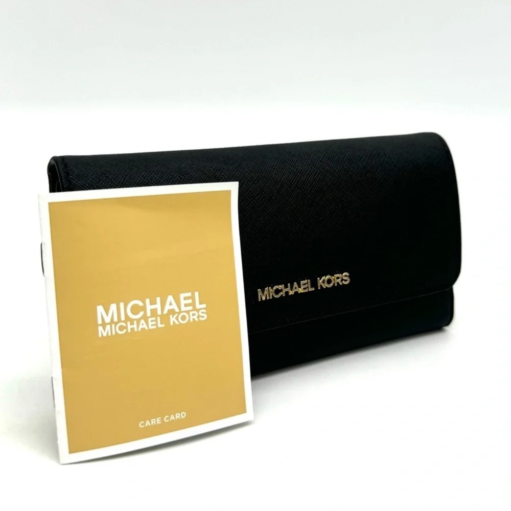 Michael Kors Large Trifold Wallet Black Leather Black/Gold